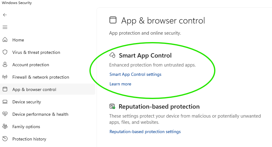 Smart App Control settings